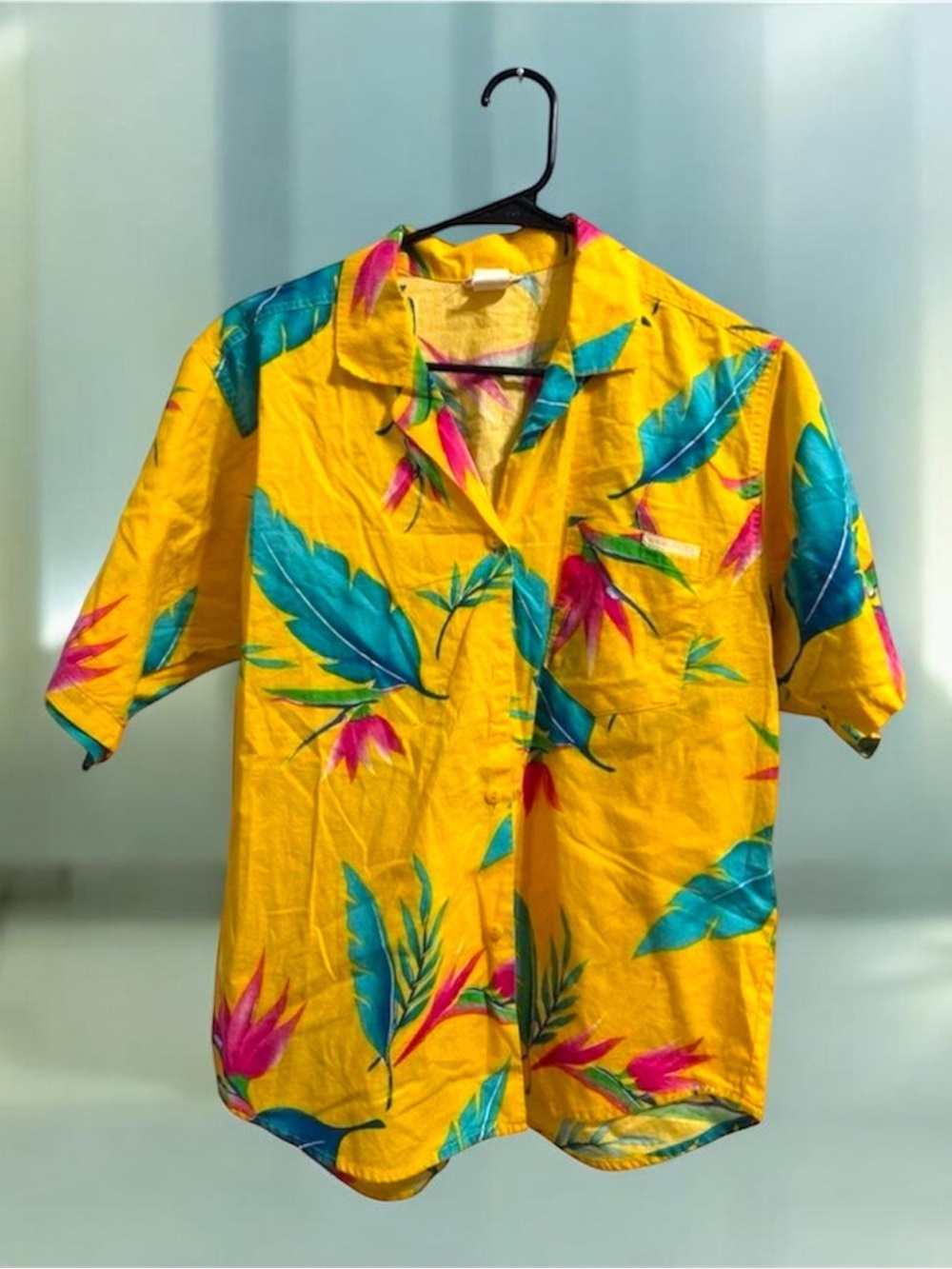 OP Ocean Pacific Yellow Hawaiian Shirt with Teal Green & Pink Accents size L